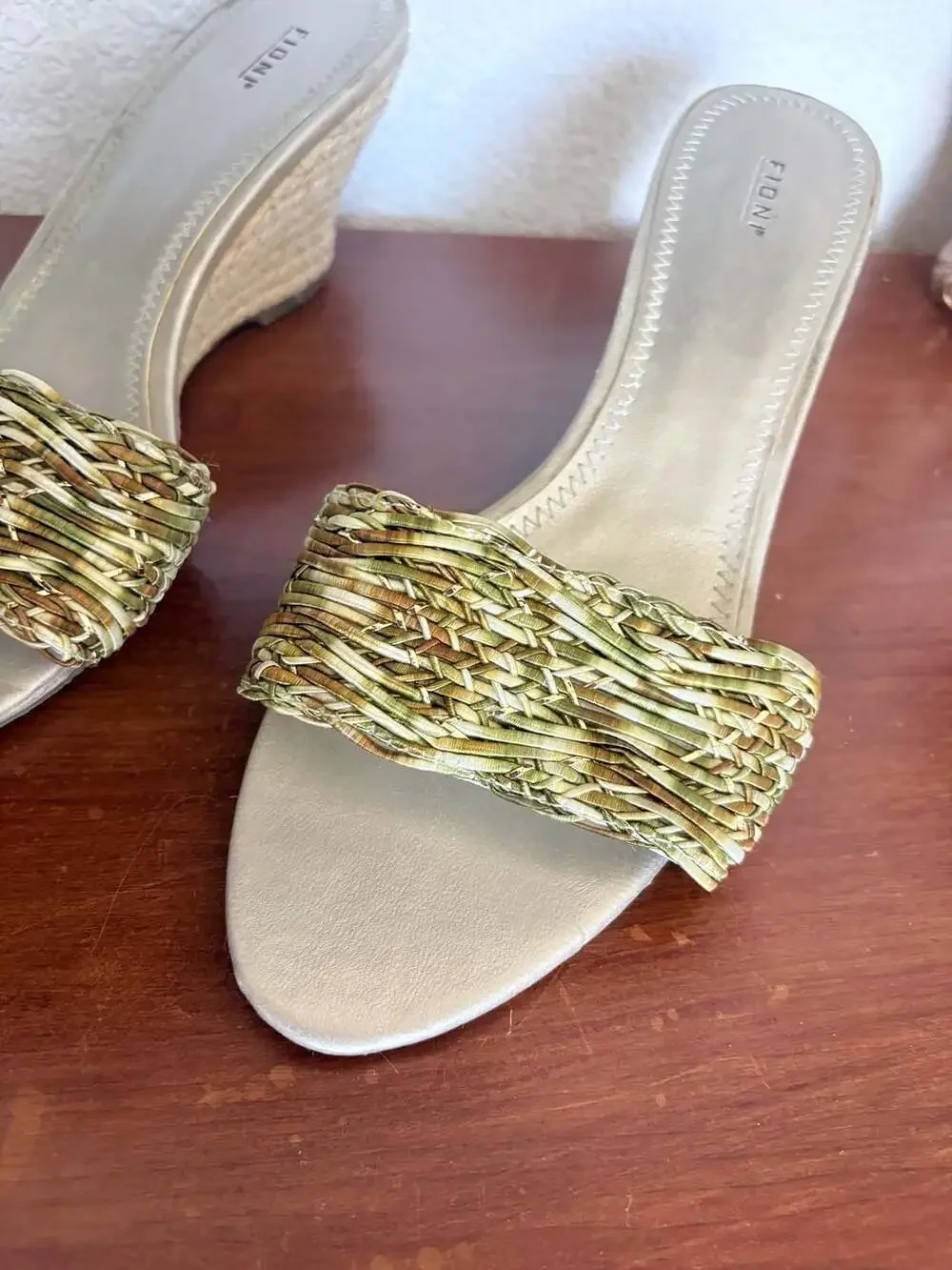 Fioni Gold Braided Wedge Sandals Mules